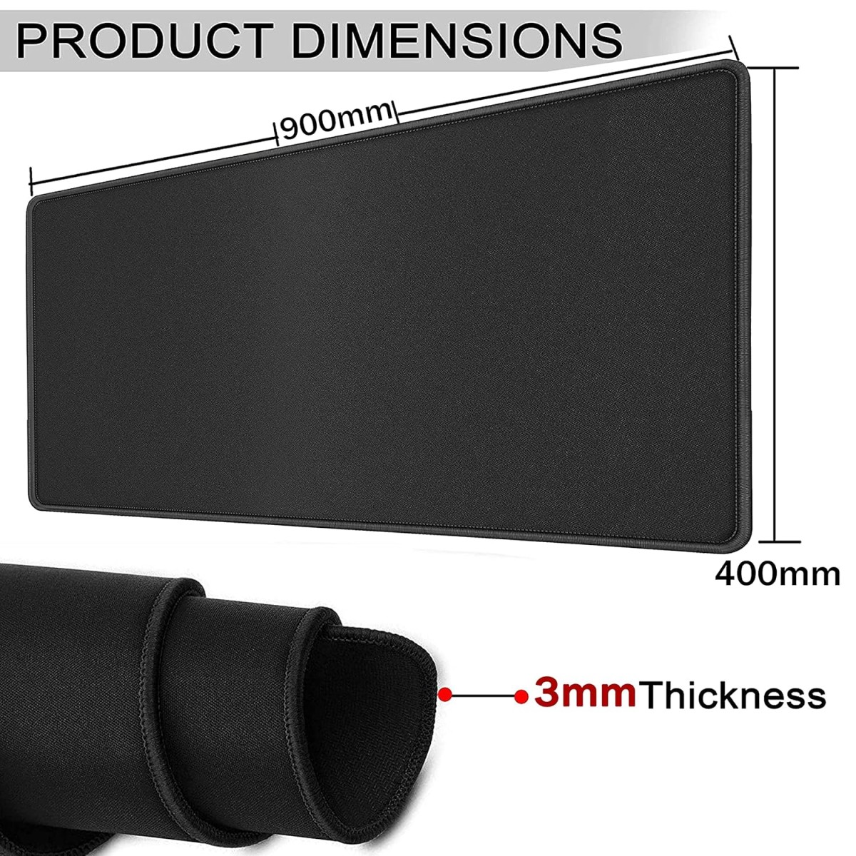 RiaTech 3mm Thickness Extra Large Size (900x400mm) Speed Type Extended Gaming Mouse Pad with Stitched Embroidery Edge, Non-Slip Rubber Base Desk Mat for Laptop/Computer Office (Black)