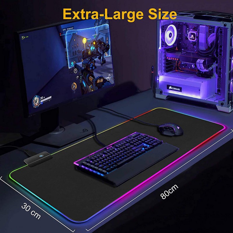 RiaTech RGB Gaming Mouse Pad, Large Extended Soft Led Mouse Pad with 14 Lighting Modes, Computer Keyboard Mousepads Mat (800mm x 300mm x 4mm, Black)