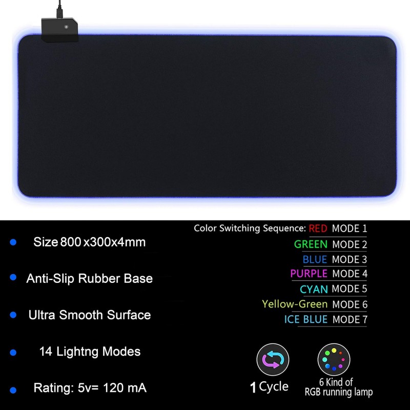 RiaTech RGB Gaming Mouse Pad, Large Extended Soft Led Mouse Pad with 14 Lighting Modes, Computer Keyboard Mousepads Mat (800mm x 300mm x 4mm, Black)