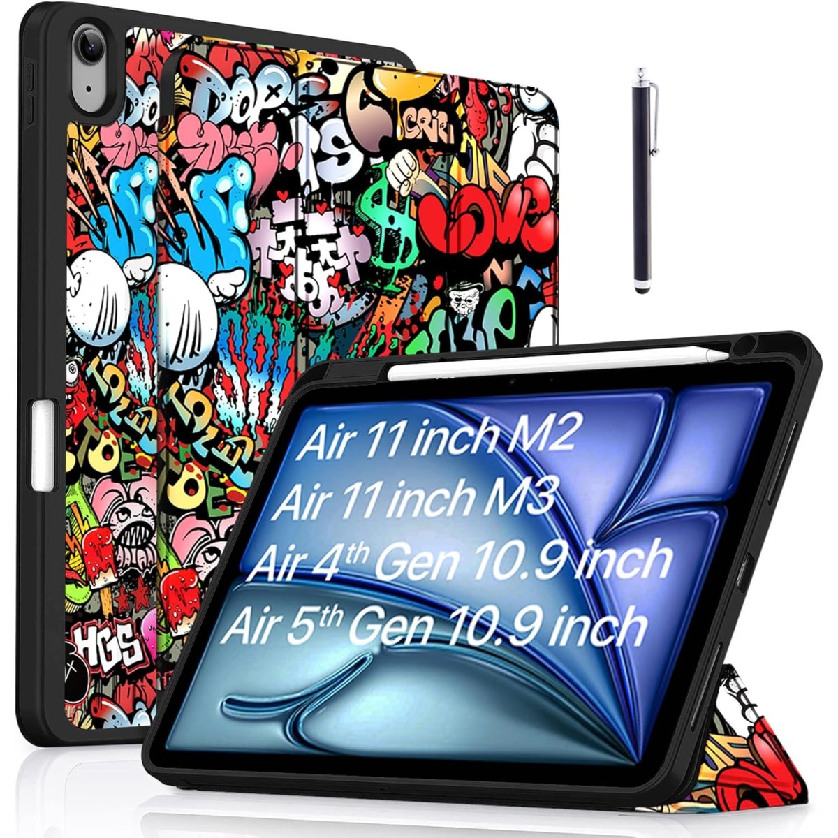 Robustrion Case Cover for iPad Air 11 inch M3 / M2 (2024/2025)/iPad Air 5th Generation Cover/4th Gen 10.9" with [Pencil Holder Right Side][Flexible Back][Auto Sleep Wake] and Stylus Pen - Hippy
