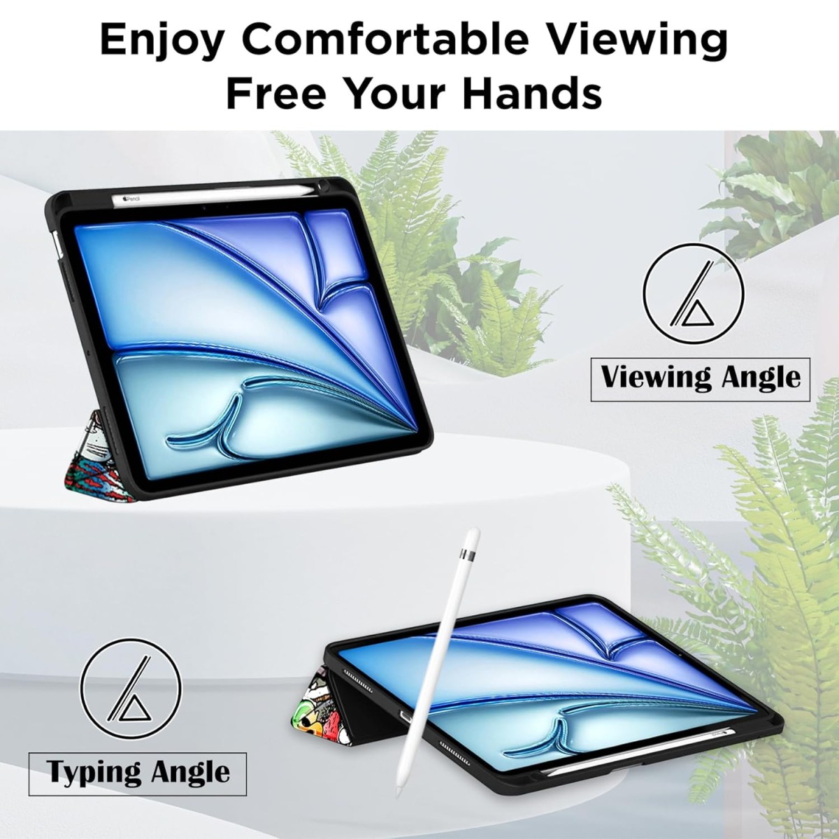 Robustrion Case Cover for iPad Air 11 inch M3 / M2 (2024/2025)/iPad Air 5th Generation Cover/4th Gen 10.9" with [Pencil Holder Right Side][Flexible Back][Auto Sleep Wake] and Stylus Pen - Hippy