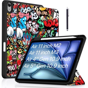 Robustrion Case Cover for iPad Air 11 inch M3 / M2 (2024/2025)/iPad Air 5th Generation Cover/4th Gen 10.9" with [Pencil Holder Right Side][Flexible Back][Auto Sleep Wake] and Stylus Pen - Hippy