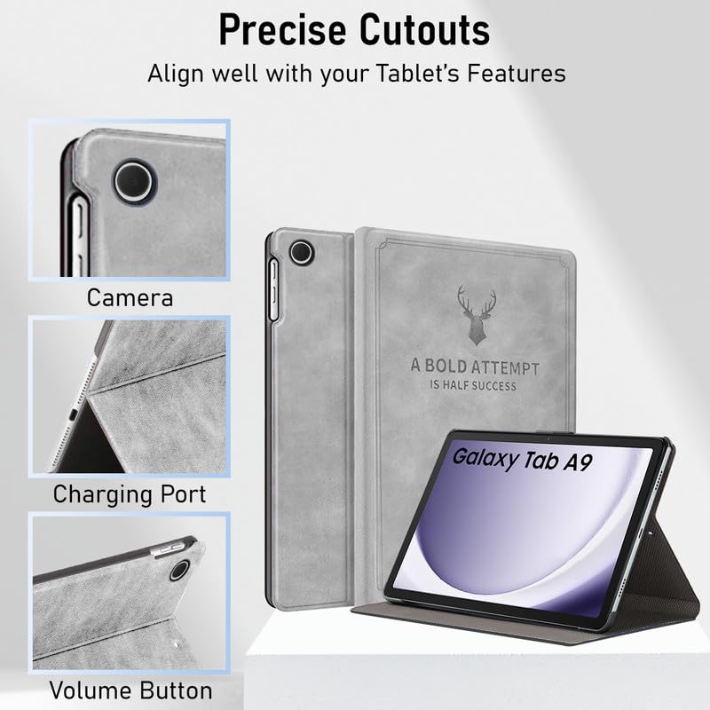 Robustrion Cover for Samsung Galaxy Tab A9 Cover Case 8.7 inch, Deer Pattern Flip Stand Cover Case for Samsung Galaxy Tab A9 Tablet Cover [SM-X110/X115/X117] - Grey