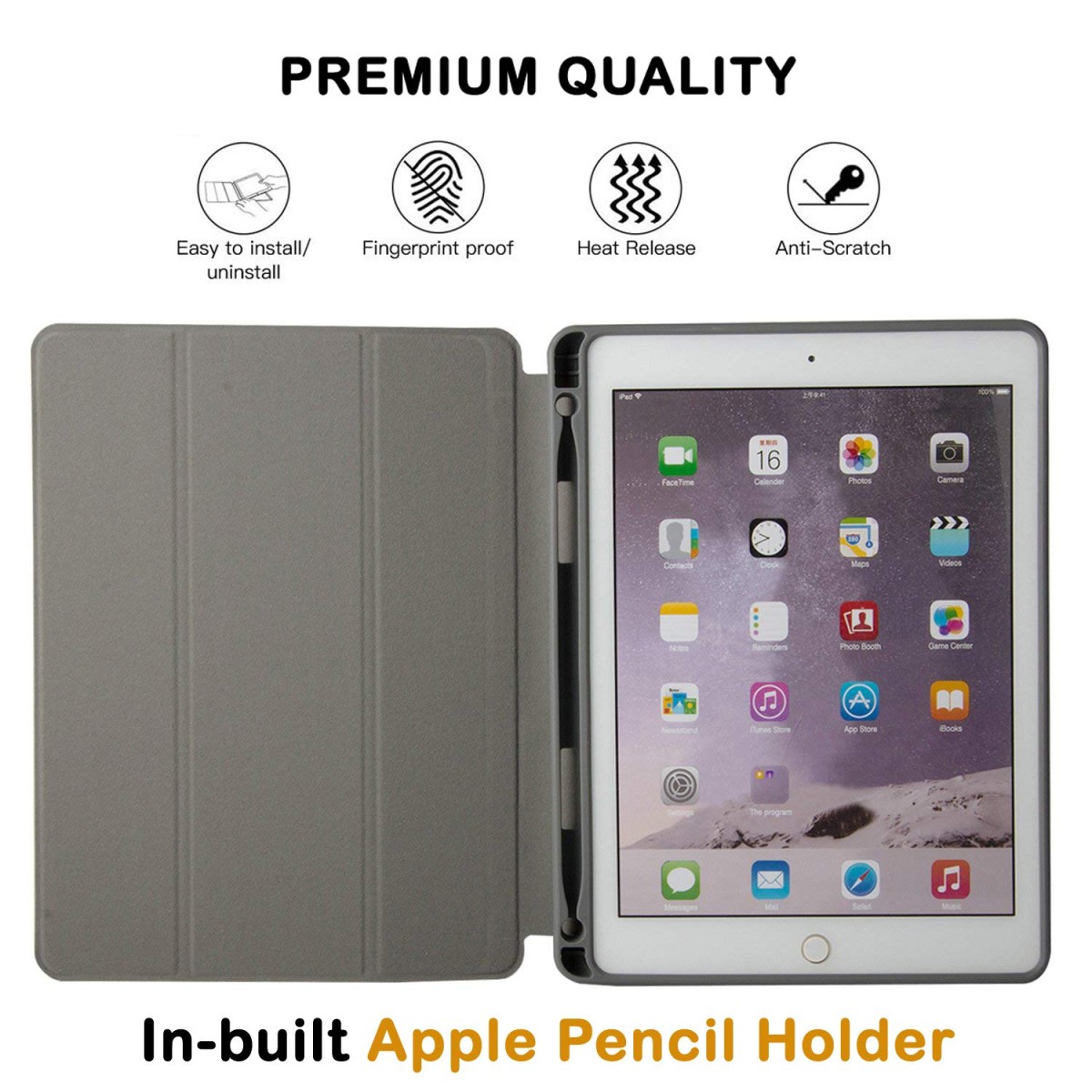 Robustrion Marble Series Trifold Flip Stand Case Cover with Pencil Holder for New iPad 9.7 inch 2018/2017 6th/5th Generation - Grey