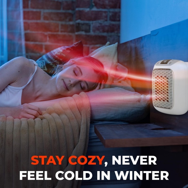 Veret Room Heater Turbo 800 Wall Outlet Small Space Heater with Adjustable Thermostat, Programmable 12-Hour Timer, Auto Shut Off - Quiet & Space-Saving Ceramic Mini Heater, Mini BedRoom Heater