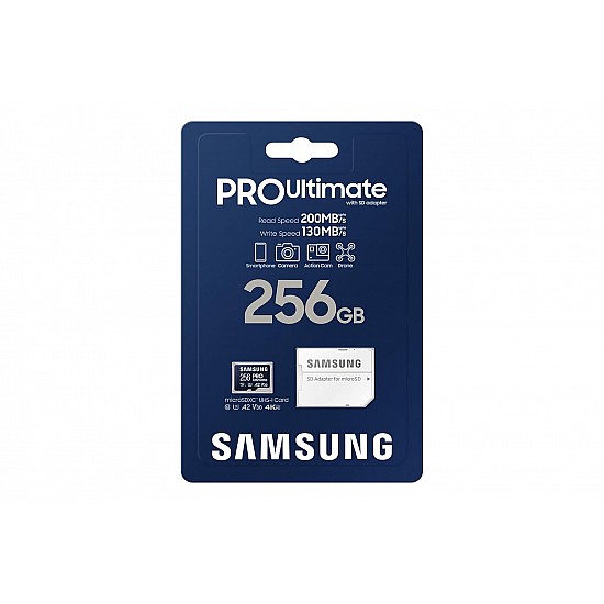 SAMSUNG PRO Ultimate microSD Memory Card + Adapter, 256GB microSDXC, Up to 200 MB/s, 4K UHD, UHS-I, Class 10, U3,V30, A2 for Action Camera, Drone, Gaming, Phones, Tablets, MB-MY256SA/WW