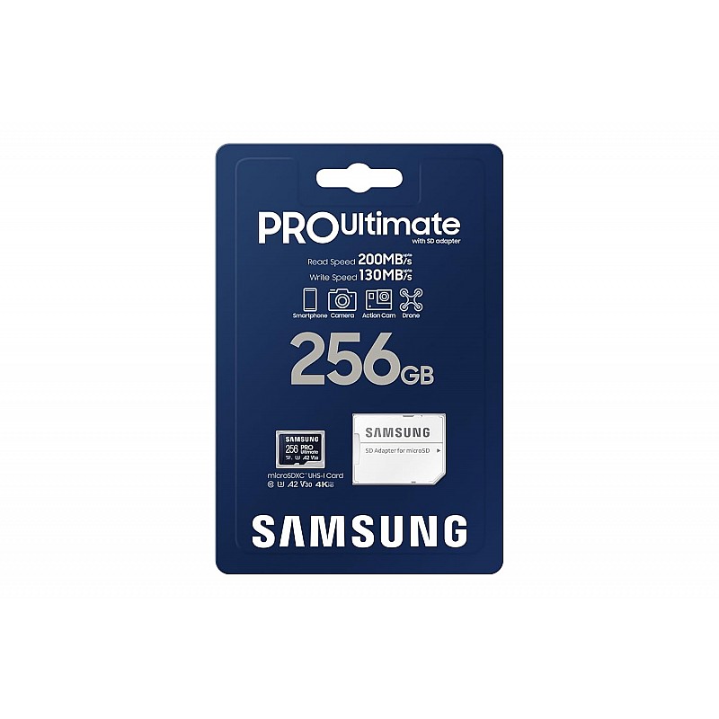 SAMSUNG PRO Ultimate microSD Memory Card + Adapter, 256GB microSDXC, Up to 200 MB/s, 4K UHD, UHS-I, Class 10, U3,V30, A2 for Action Camera, Drone, Gaming, Phones, Tablets, MB-MY256SA/WW