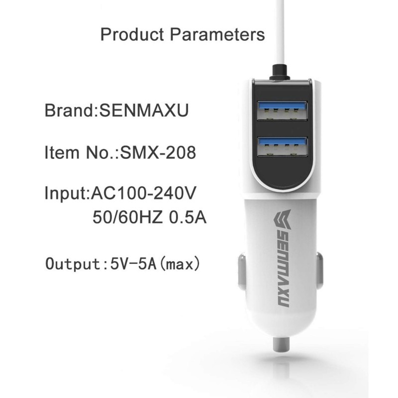 SENMAXU SMX-208 Dual Port Car Charger with 3 in 1 Cable Micro USB, Type C, V8 Cable (White) SENMAXU SMX-208 Dual Port Car Charger with 3 in 1 Cable Micro USB, Type C, V8 Cable (White)
