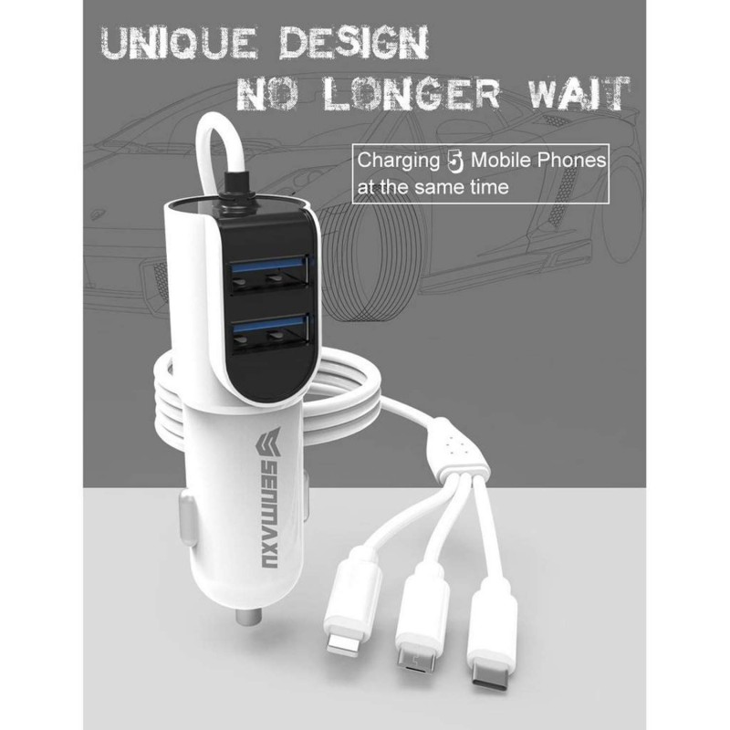 SENMAXU SMX-208 Dual Port Car Charger with 3 in 1 Cable Micro USB, Type C, V8 Cable (White) SENMAXU SMX-208 Dual Port Car Charger with 3 in 1 Cable Micro USB, Type C, V8 Cable (White)