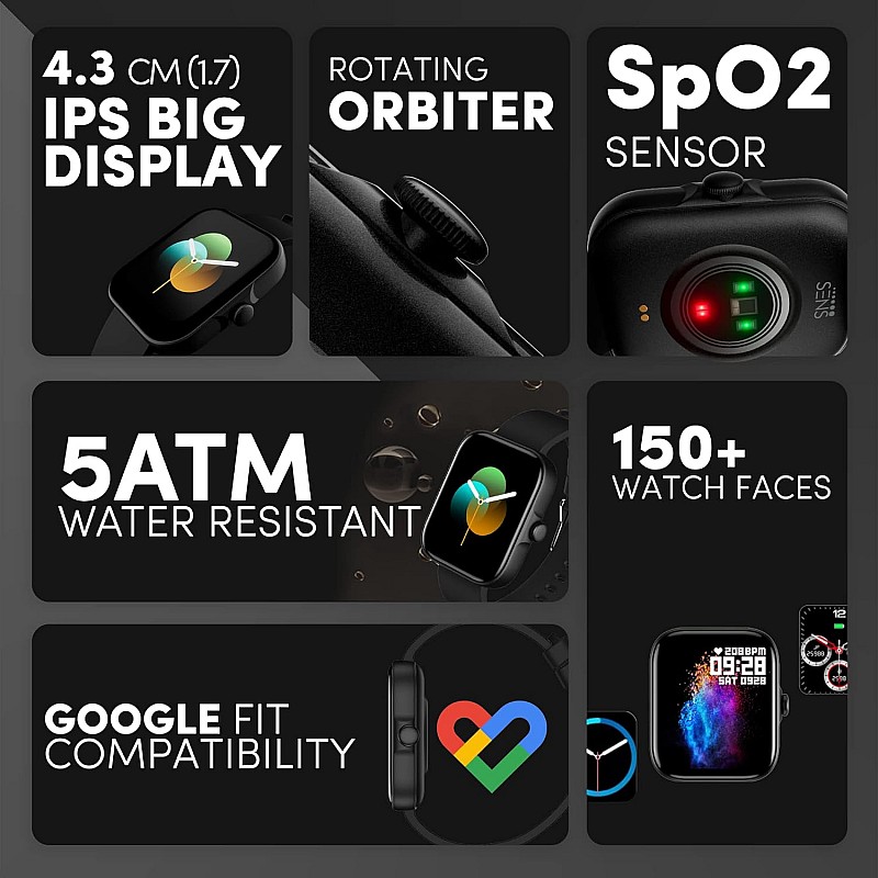 SENS NUTON 1 with 1.7 IPS Display, Orbiter, 5ATM & 150+ Watch Faces & Free Additional Strap (Matte Black)