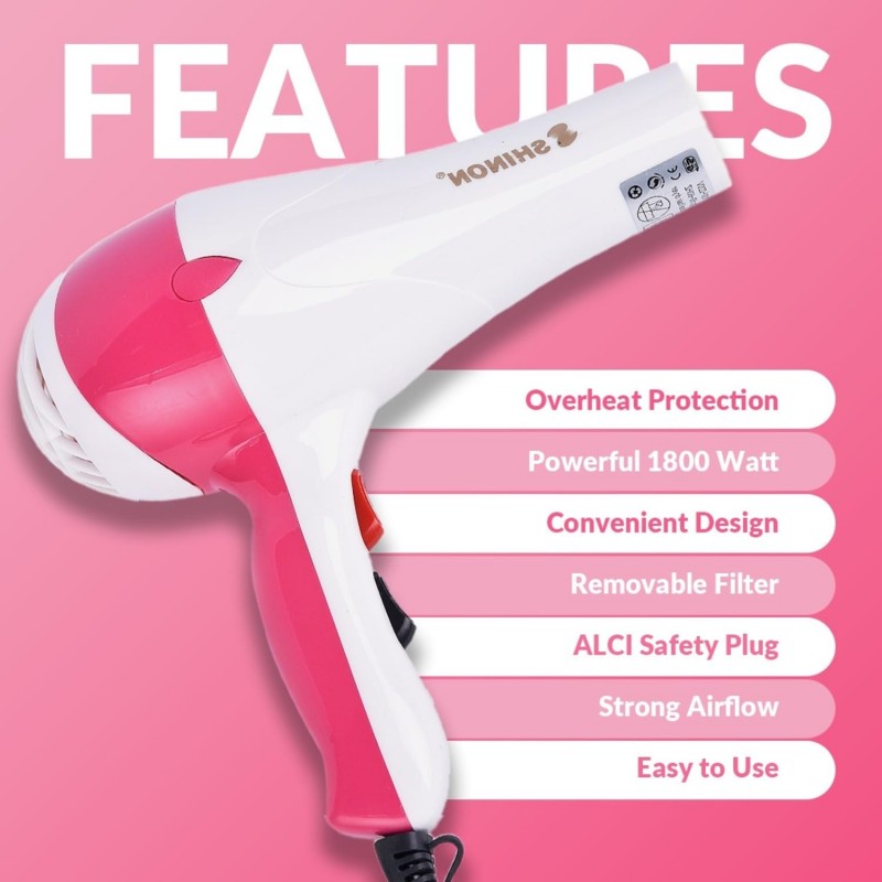 SHINON SH-898 Professional Hair Dryer 1800 Watt, 3 Heat Setting, 2 Speed Settings, Overheating Protection Styling Tool/Hair Dryer Professional Hair Dryer with cool & hot Air, Pink