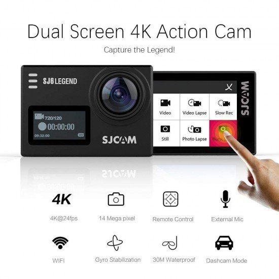 SJCAM Legend SJ6 Sports Gyro Action Camera with 2"(5cm) Dual LCD Touch Screen, 1080p Resolution, Optical, Black