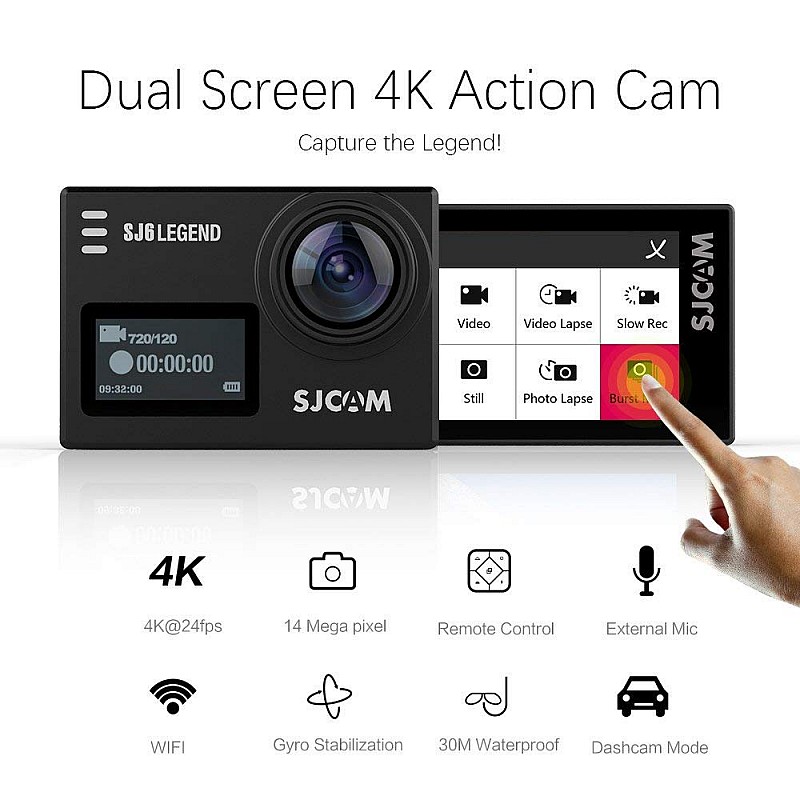 SJCAM Legend SJ6 Sports Gyro Action Camera with 2"(5cm) Dual LCD Touch Screen, 1080p Resolution, Optical, Black