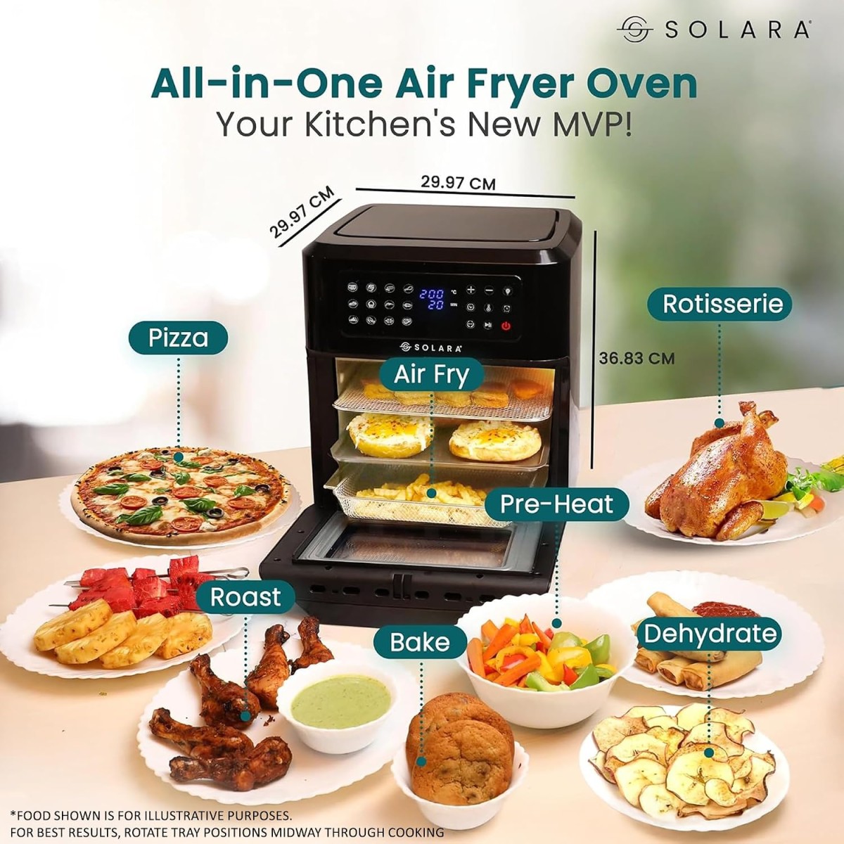 (Refurbished) SOLARA 12L Air Fryer Oven for Home Kitchen, 1800W OTG Air Fryer Oven 12 Litre with 12 Presets, 9 Accessories Black