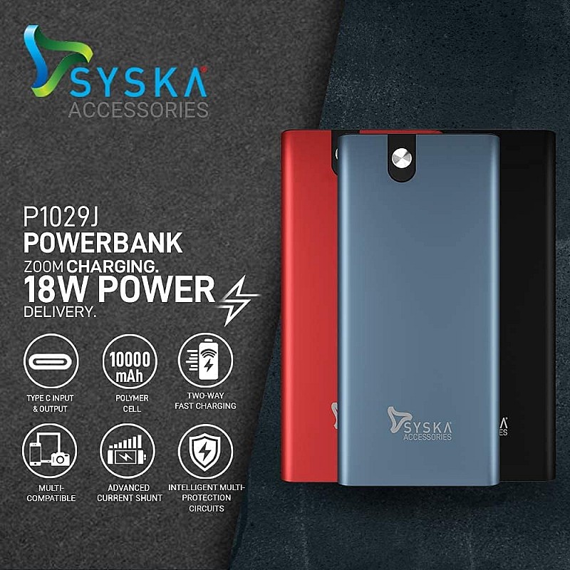 SYSKA Power Bank 10000mah Powerbank, Battery Bank, Quick Charging 18W P1029J Power Bank 