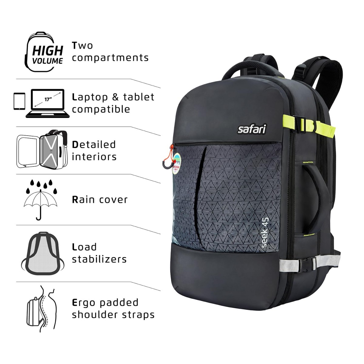 Safari Seek 45L Laptop Backpack Bag for Men and Women, School/College/Office Bag for Boys & Girls, Expandable Overnighter Casual Hiking Travel Bag with Suitcase Compartment, Color-Black