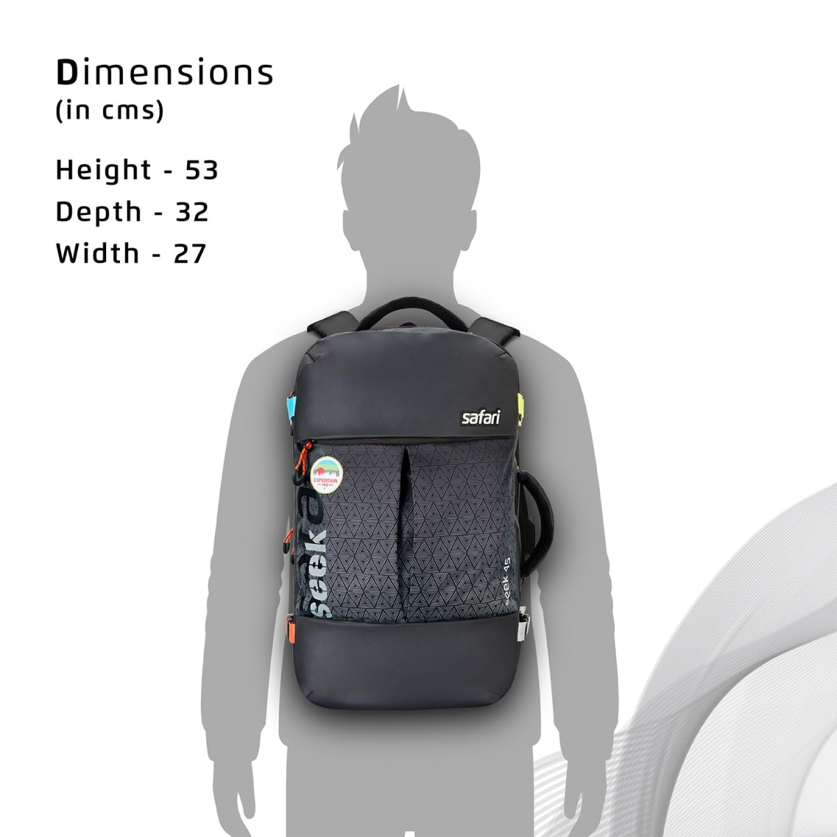 Safari Seek 45L Laptop Backpack Bag for Men and Women, School/College/Office Bag for Boys & Girls, Expandable Overnighter Casual Hiking Travel Bag with Suitcase Compartment, Color-Black