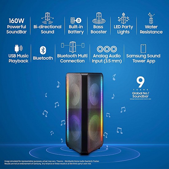 Samsung 160 W (MX-ST40B/XL) Sound Tower High Power Audio, Floor Standing Speaker, Bi-Directional Sound, Built-in Battery, IPX5 Water Resistant, Party Lights, Bluetooth Multi-Connection (Black)