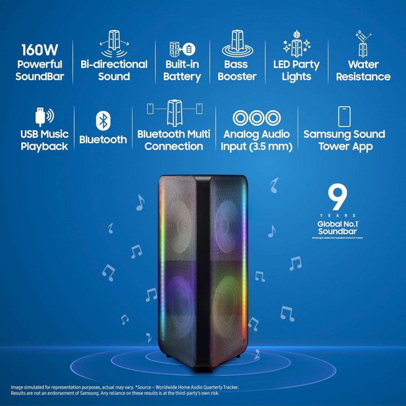 Samsung 160 W (MX-ST40B/XL) Sound Tower High Power Audio, Floor Standing Speaker, Bi-Directional Sound, Built-in Battery, IPX5 Water Resistant, Party Lights, Bluetooth Multi-Connection (Black)