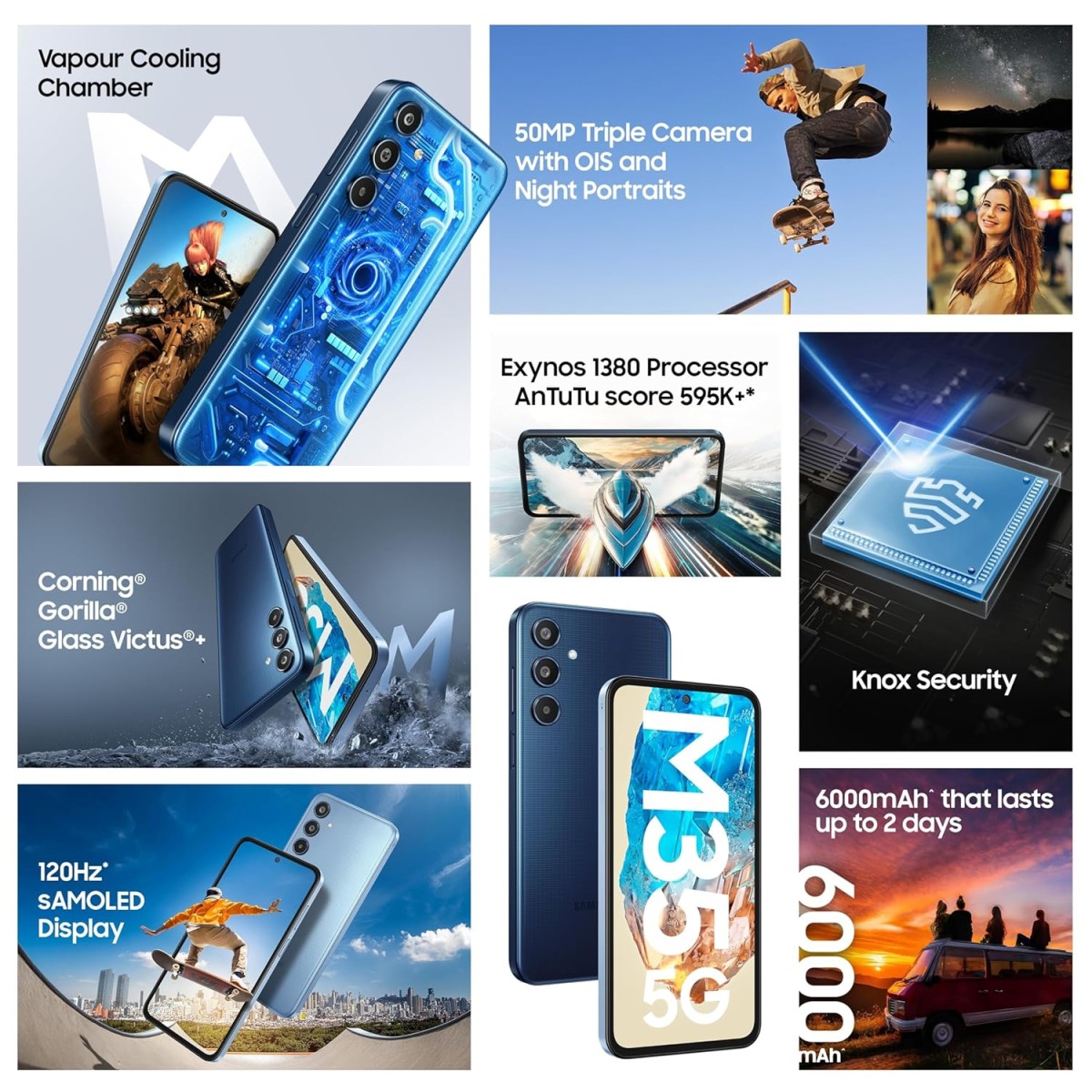 Samsung Galaxy M35 5G (Moonlight Blue,6GB RAM,128GB Storage)| Corning Gorilla Glass Victus+| AnTuTu Score 595K+ | Vapour Cooling Chamber | 6000mAh Battery | 120Hz Super AMOLED Display| Without Charger {open box}
