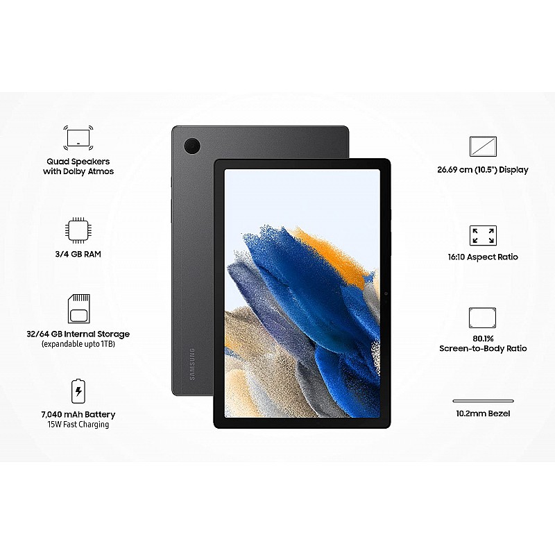 Samsung Galaxy Tab A8 26.69 cm (10.5 inch) Display, RAM 3 GB, ROM 32 GB Expandable, Wi-Fi Tablet, Gray, (SM-X200NZAAINU)