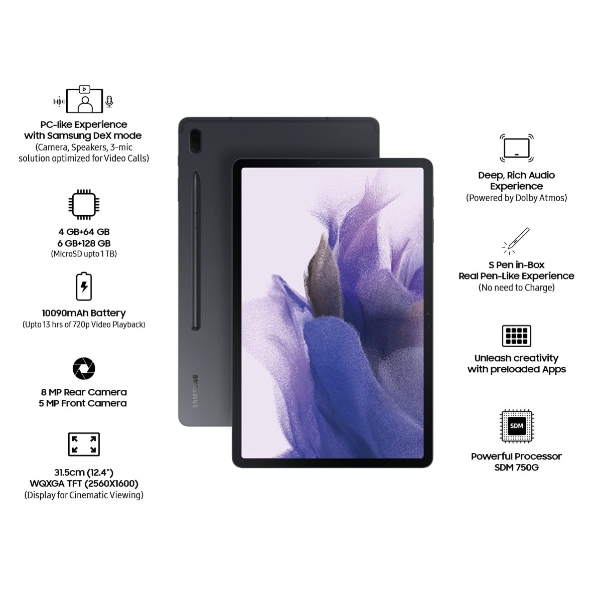 Samsung Galaxy Tab S7 FE 31.5 cm (12.4 inch) RAM 4 GB, ROM 64 GB Expandable, Wi-Fi+4G Tablet, Mystic Black
