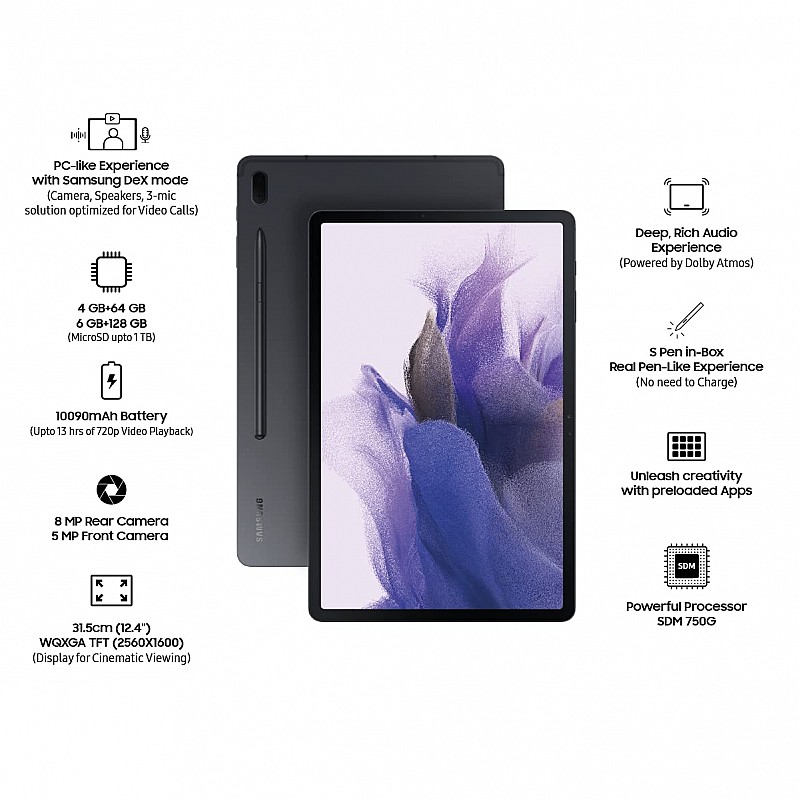 Samsung Galaxy Tab S7 FE 31.5 cm (12.4 inch) RAM 4 GB, ROM 64 GB Expandable, Wi-Fi+4G Tablet, Mystic Black