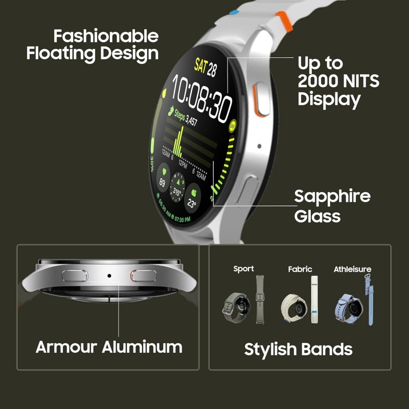 Samsung Galaxy Watch 7 (44mm, Silver, BT+LTE) with 3nm Processor | Dual GPS | Sapphire Glass & Armour Aluminum | 5ATM & IP68 | HR, SpO2, BP & ECG Monitor Samsung Galaxy Watch 7 (44mm, Silver, BT+LTE) with 3nm Processor | Dual GPS | Sapphire Glass & Armour Aluminum | 5ATM & IP68 | HR, SpO2, BP & ECG Monitor