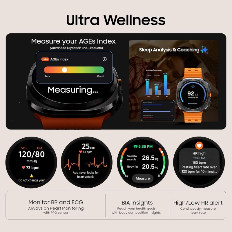 Samsung Galaxy Watch Ultra (47mm, LTE, Silver) with Upto 100h battery | 3nm Processor | Dual GPS | Quick Button/Siren | Sapphire Glass & Titanium | 10ATM & IP68 | BP & ECG Monitor |Energy Score & AGEs Samsung Galaxy Watch Ultra (47mm, LTE, Silver) with Upto 100h battery | 3nm Processor | Dual GPS | Quick Button/Siren | Sapphire Glass & Titanium | 10ATM & IP68 | BP & ECG Monitor |Energy Score & AGEs
