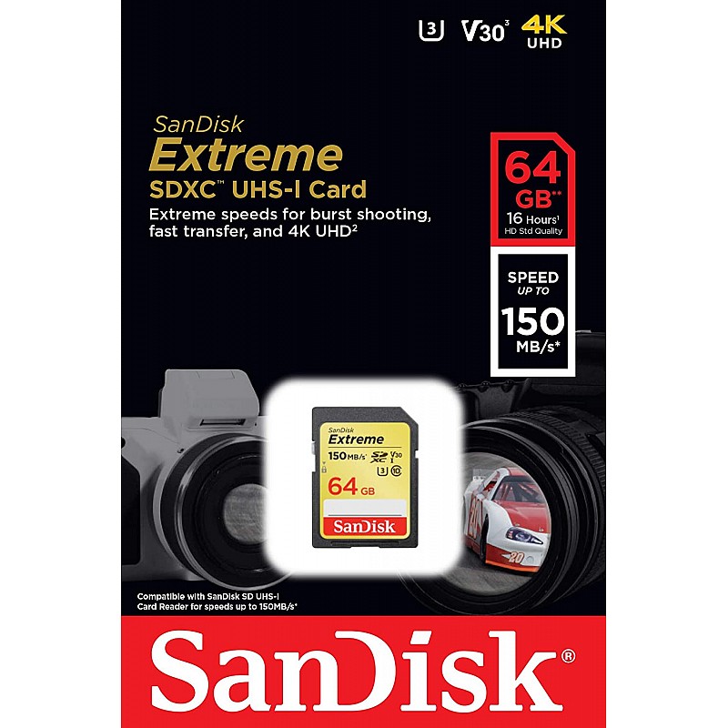 SanDisk Extreme SDXC, SDXVE 64GB, V30, U3, C10, UHS-I, 90MB/s R, 40MB/s W, for 4K Video