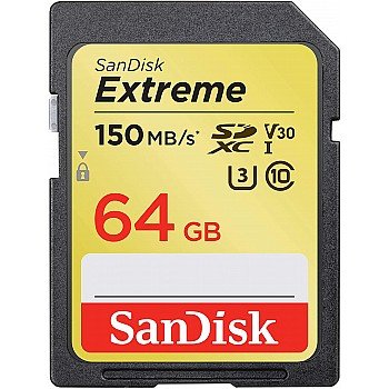 SanDisk Extreme SDXC, SDXVE 64GB, V30, U3, C10, UHS-I, 90MB/s R, 40MB/s W, for 4K Video