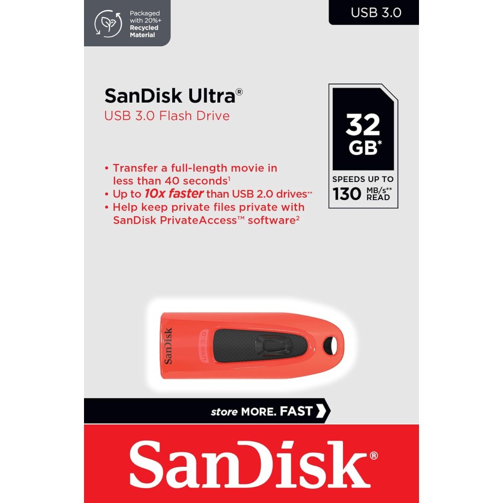SanDisk Ultra 64GB, USB 3.0, Flash Drive, Upto 130MB/s R, Pendrive, Red
