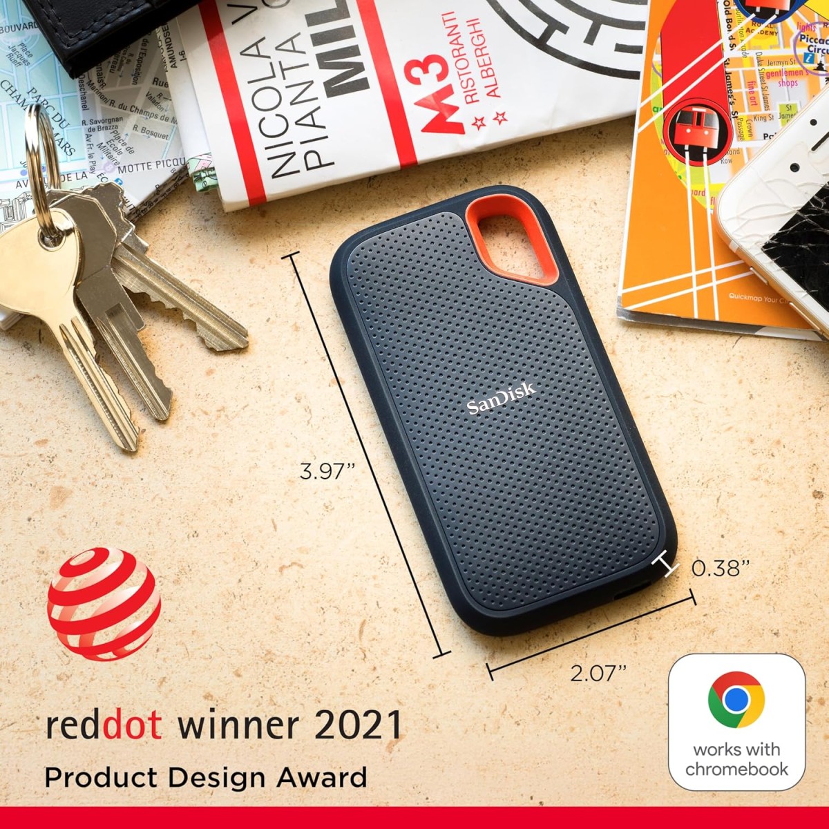 Sandisk Extreme Portable 2TB, 1050MB/s R, 1000MB/s W, 3mtr Drop Protection, IP65 Water/dust Resistance, HW Encryption, PC,MAC & TypeC Smartphone Compatible, 5Y Warranty, External SSD, Black Color