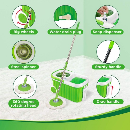 Scotch-Brite Supreme Spin Bucket Mop with Steel Spinner, Wheels, Drag Handle, Drain Plug & Dispenser (2N Microfiber Refills) 