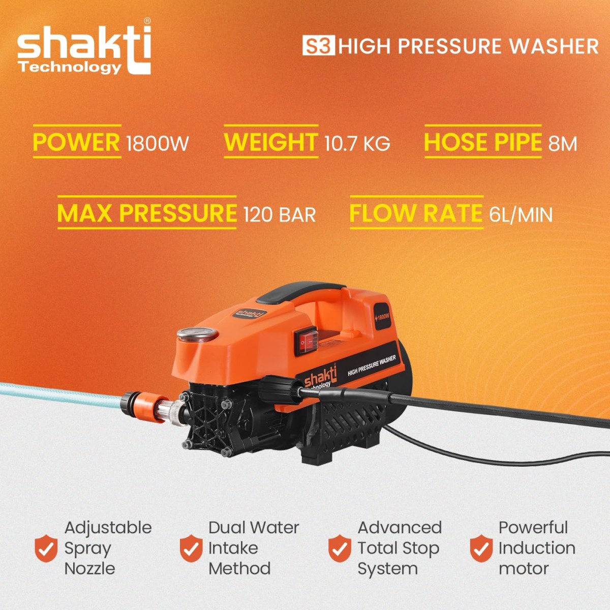 Shakti Technology S3 High Pressure Car Washer Machine 1800 Watts and Pressure 120 Bar for Cleaning Car, Bike & Home (S3)
