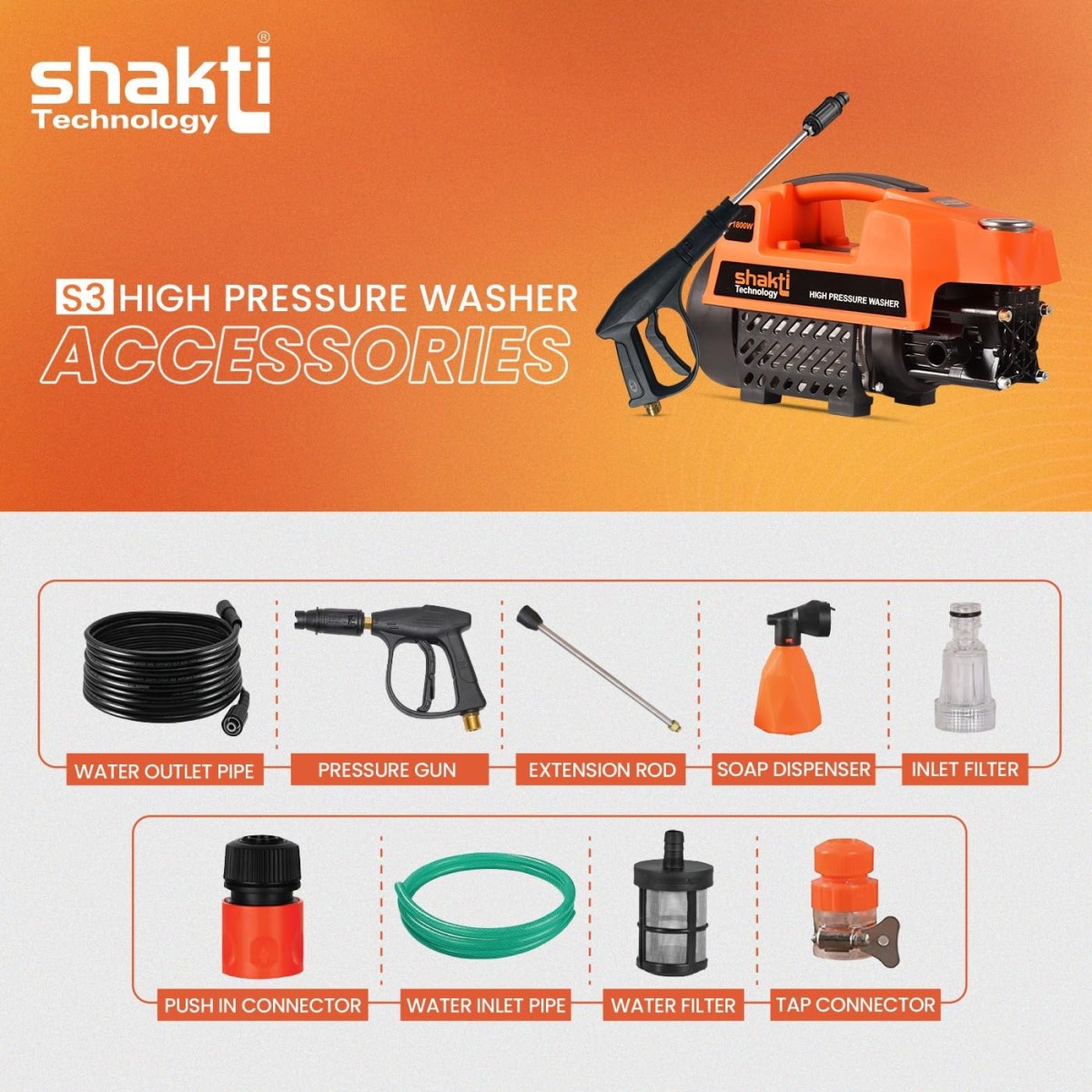 Shakti Technology S3 High Pressure Car Washer Machine 1800 Watts and Pressure 120 Bar for Cleaning Car, Bike & Home (S3)