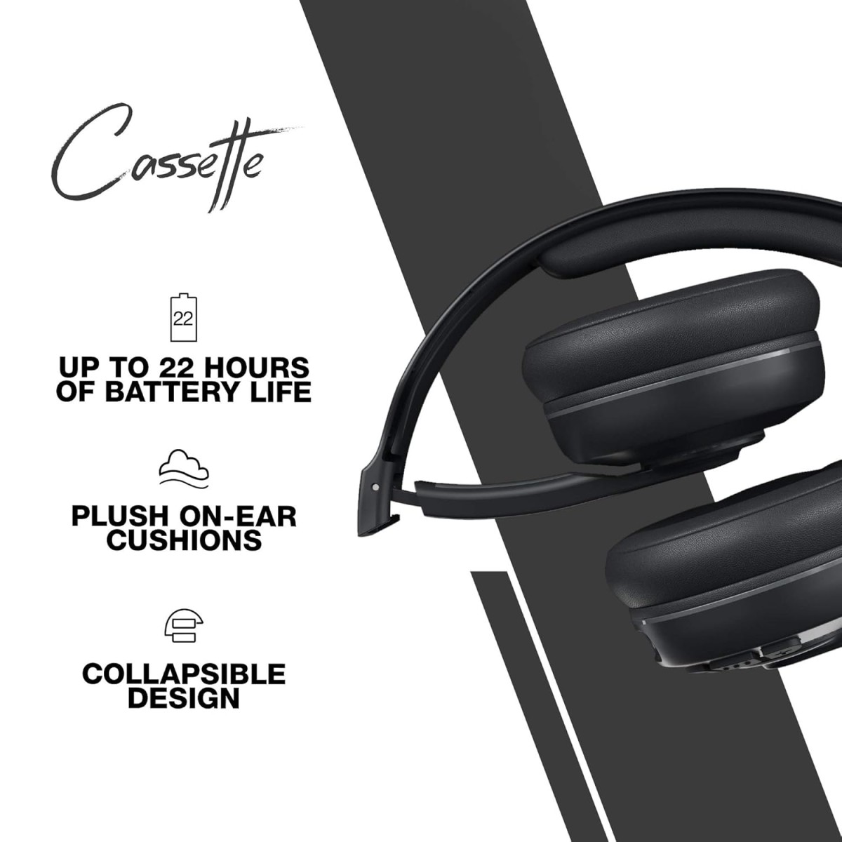 Skullcandy Cassette Bluetooth 5.0 On-Ear Wireless Headphones with Mic, 22Hr Playtime, Rapid Charge, Collapsible Design