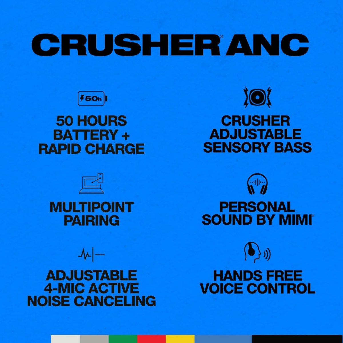 Skullcandy Crusher ANC 2 Over-Ear Noise Cancelling Wireless Headphones with Sensory Bass | 50 Hours Battery Life |Skull-iQ, Alexa Support, Micro, Bluetooth Compatible - Black