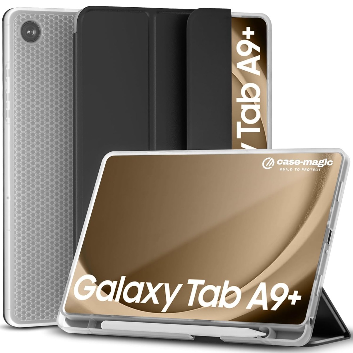 Smart Folio Case Cover for Samsung Galaxy Tab A9 Plus 11 inch with Auto Sleep/Wake, Trifold Stand, Pencil Holder| Slim PU Exterior, TPU Transparent Back (Black)
