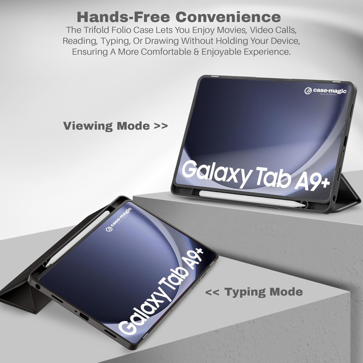 Smart Folio Case Cover for Samsung Galaxy Tab A9 Plus 11 inch with Auto Sleep/Wake, Trifold Stand, Pencil Holder| Slim PU Exterior, TPU Transparent Back (Black)