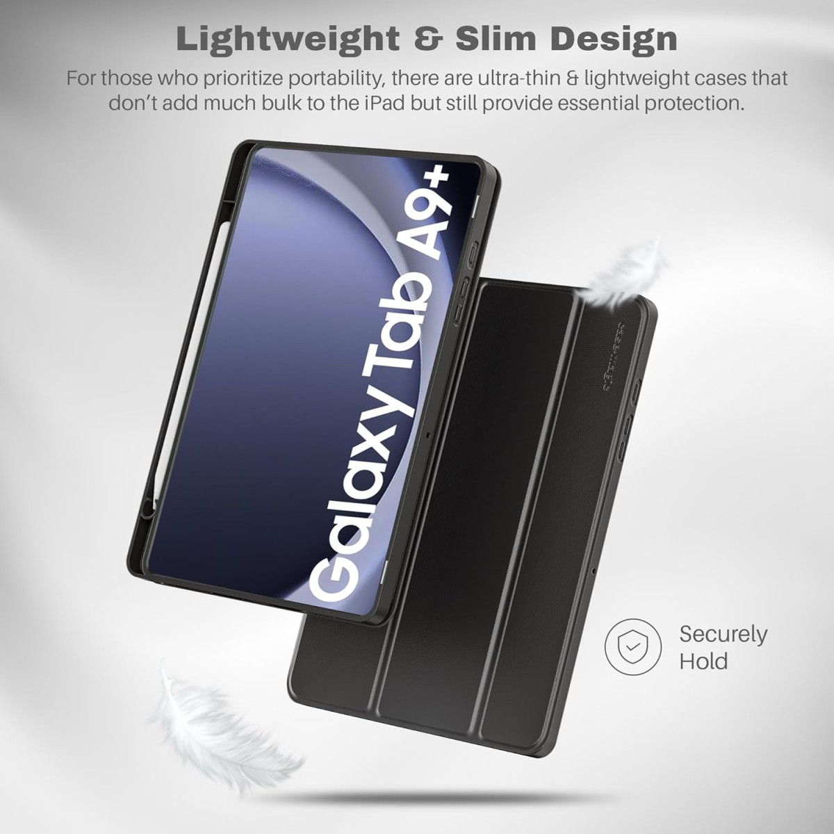 Smart Folio Case Cover for Samsung Galaxy Tab A9 Plus 11 inch with Auto Sleep/Wake, Trifold Stand, Pencil Holder| Slim PU Exterior, TPU Transparent Back (Black)