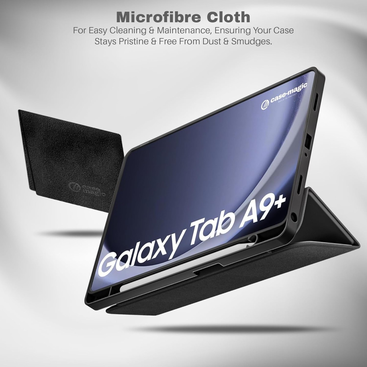 Smart Folio Case Cover for Samsung Galaxy Tab A9 Plus 11 inch with Auto Sleep/Wake, Trifold Stand, Pencil Holder| Slim PU Exterior, TPU Transparent Back (Black)