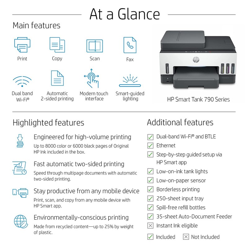 HP Smart Tank 790 WiFi Duplex Hi-Capacity Tank Printer with Magic Touch Panel with ADF auto Ink & Paper Sensor