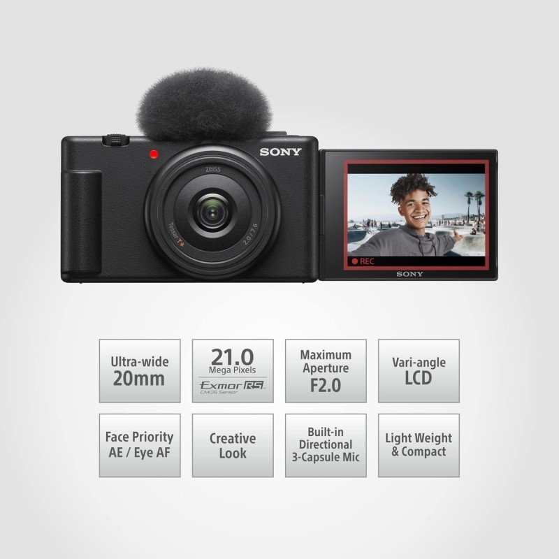 Sony Digital Camera ZV-1F for Content Creators with Ultra-Wide 20mm Prime Lens | Soft Skin Feature | Bokeh | Creative Look | Active Mode Stabilisation -Black Sony Digital Camera ZV-1F for Content Creators with Ultra-Wide 20mm Prime Lens | Soft Skin Feature | Bokeh | Creative Look | Active Mode Stabilisation -Black
