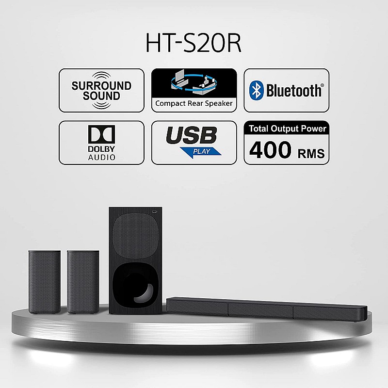 Sony HT-S20R Real 5.1ch Dolby Digital Soundbar for TV with subwoofer and Compact Rear Speakers, Home Theatre System