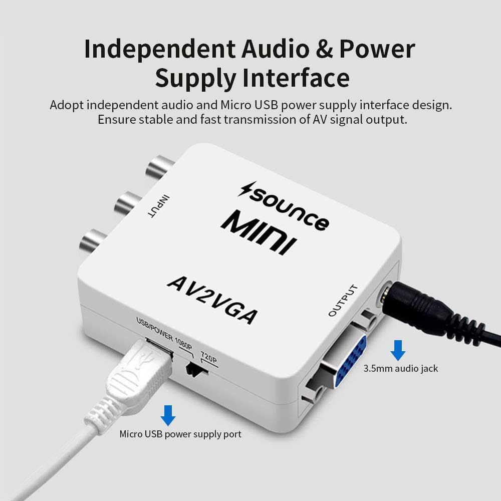 Sounce AV RCA to VGA Adapter Audio Video Converter,Composite AV to VGA 3.5mm TV Video Playing Adapter 1080p with USB Power Cable VCD DVD Projector TV Set Top Box