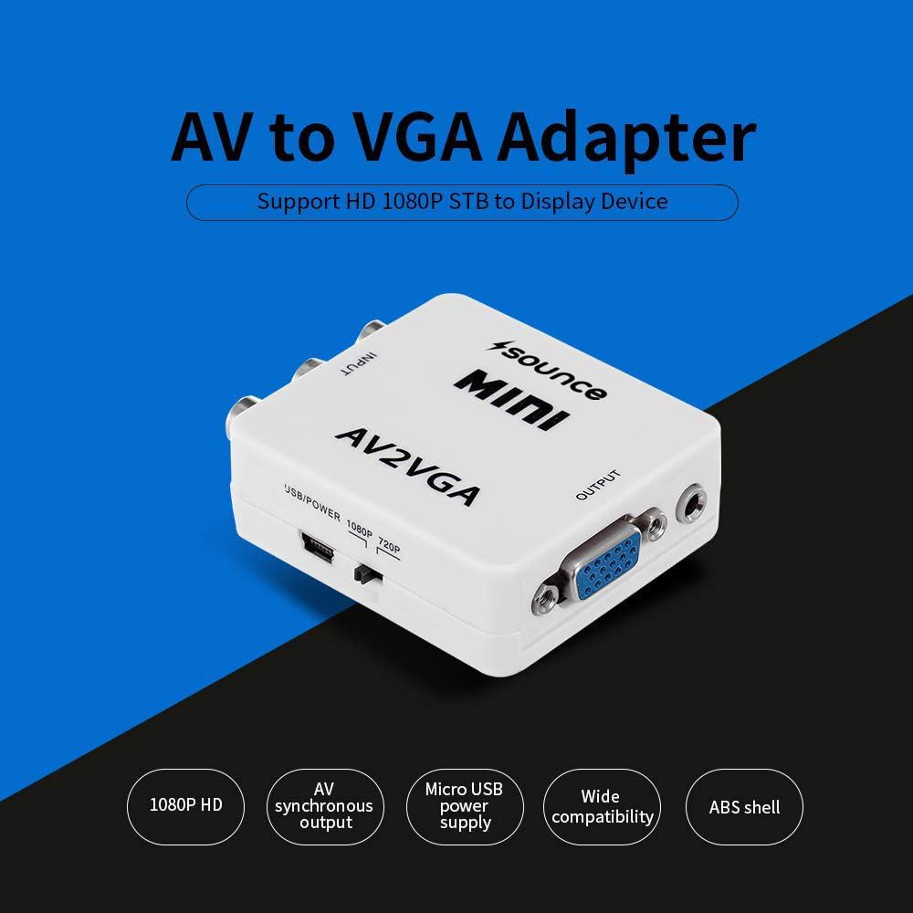 Sounce AV RCA to VGA Adapter Audio Video Converter,Composite AV to VGA 3.5mm TV Video Playing Adapter 1080p with USB Power Cable VCD DVD Projector TV Set Top Box