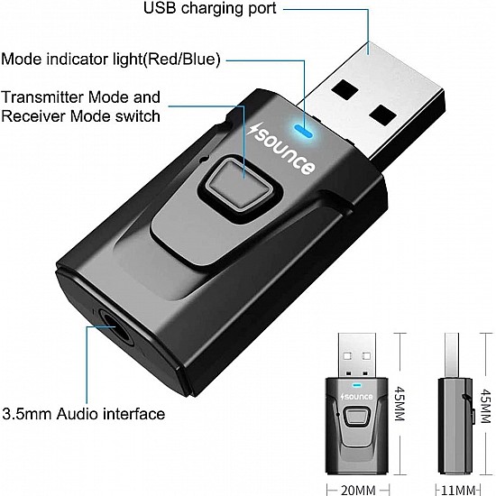 Sounce Bluetooth Car Adapter, Mini Bluetooth 5.0 Transmitter Receiver Wireless 3.5mm Aux Jack Adapter Hands-Free Car Kit Built-in Mic for Car Aux, Home, Headphones, PC,TV and More