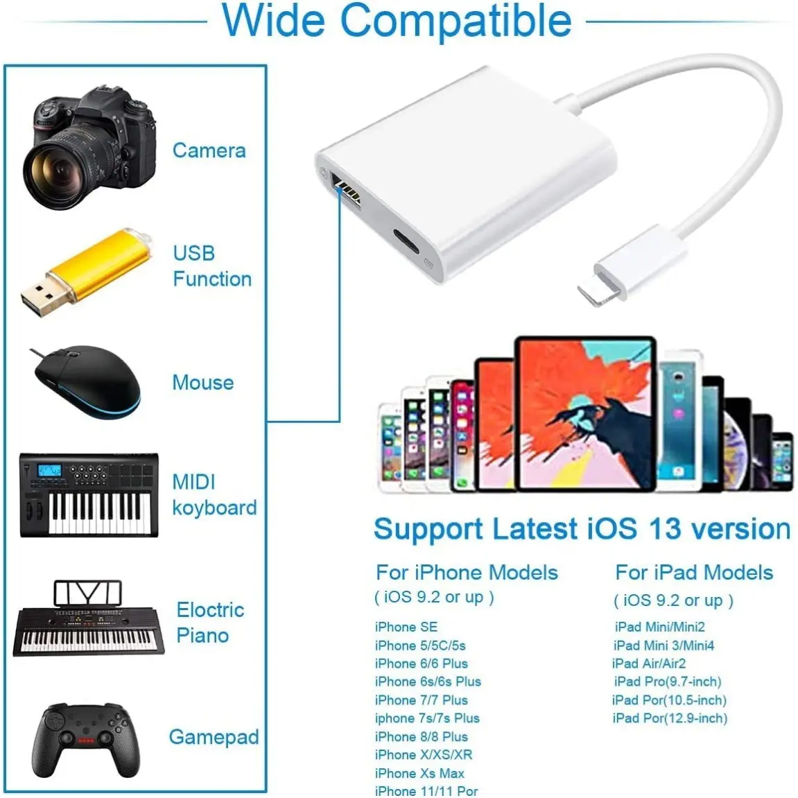 Sounce MFI-Certified Lightning to USB Camera Adapter with Charging Port, Portable Lightning to USB Female OTG Adapter Compatible with Phone, Phone to Adapter Plug and Play Support Card Reader