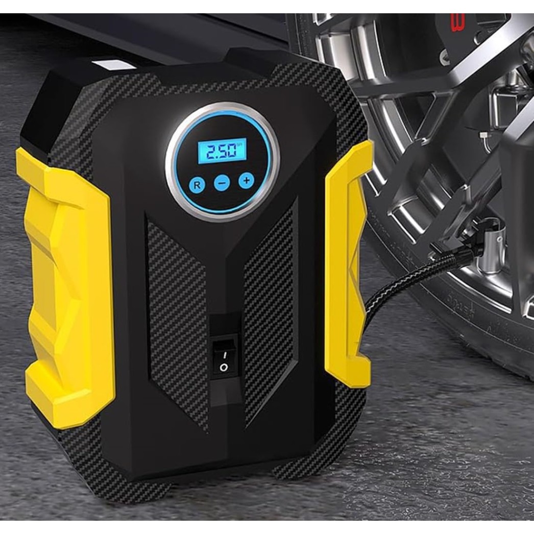 Sounce Portable Digital Heavy Air Compressor Rapid Super-fast Auto Tire Pump with Emergency Lighting LED and Long Cable for Car, SUV, Motorcycle, Car Tyre, Basketball Inflator DC 12V (Yellow Black)